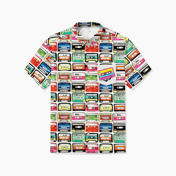 Retro Music Tape Oversized Cotton and Linen Short Sleeve Shirt