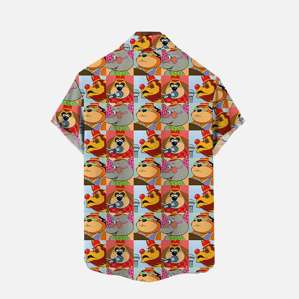 Color Block Splicing Cartoon Animals Printing Breast Pocket Short Sleeve Shirt