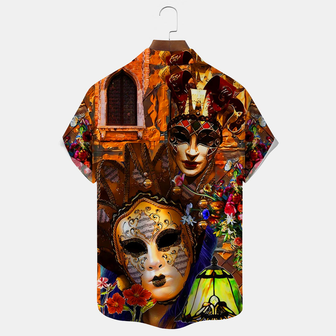 Mardi Gras Witch Mask Print Men's Button Pocket Short Sleeve Shirt