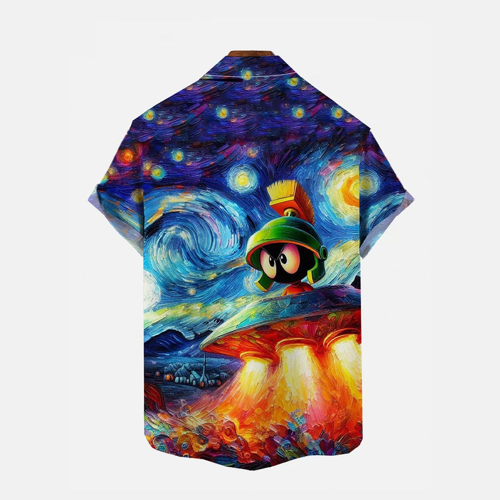 Starry Sky And Ufo Soldier Print Chest Pocket Short Sleeve Shirt