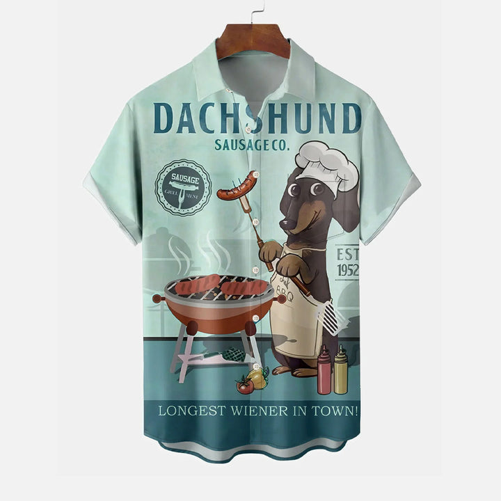 Dachshund BBQ Cartoon Casual Large Size Short Sleeve Shirt