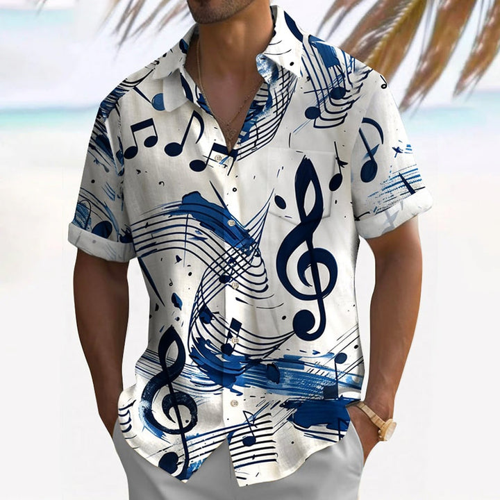 Musical Note Printed Oversized Shirt Bamboo Linen Short Sleeve Shirt 2406000154