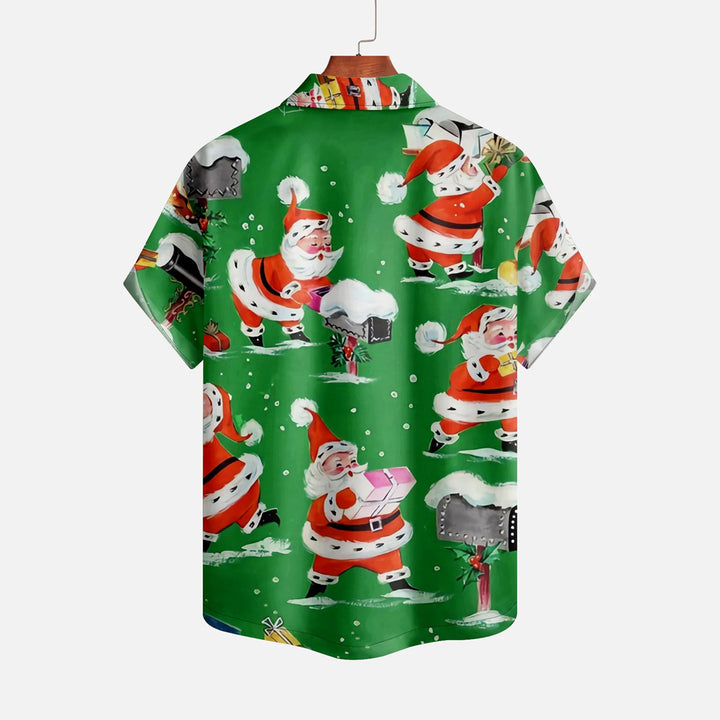 Santa Claus Cartoon Print Green Cuban Collar Shirt