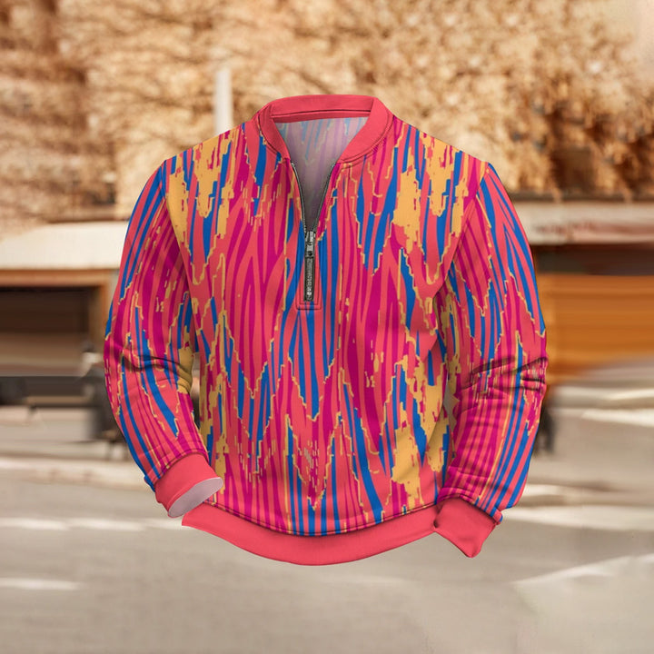 Pink Geometric Stripes Print Half Zip Sweatshirt 2410006257