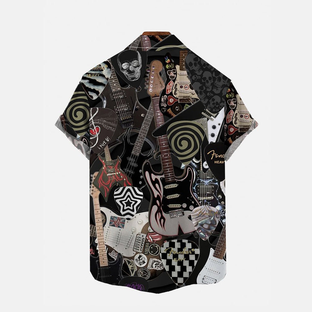 Dark Rock Art Guitar Print Chest Pocket Short Sleeve Shirt