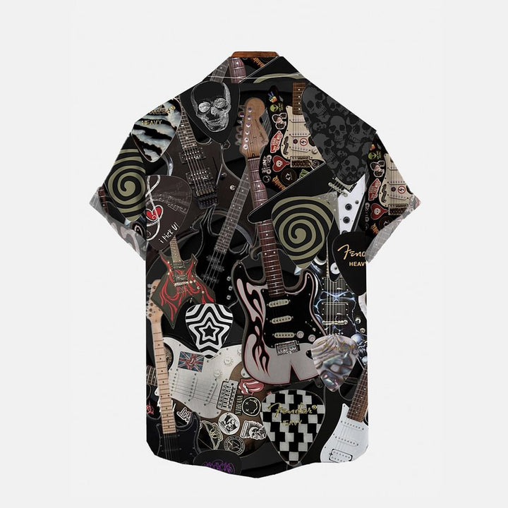 Dark Rock Art Guitar Print Chest Pocket Short Sleeve Shirt