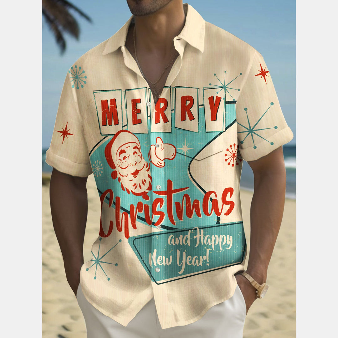 Santa Claus Geometric Boomerang Print Chest Pocket Short Sleeve Shirt