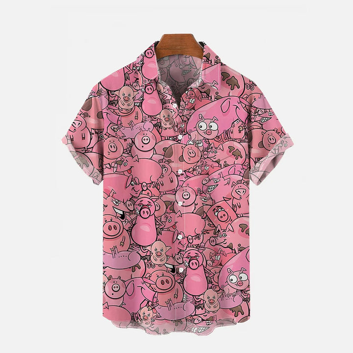 Pink Cartoon Pig Breathable Linen Short Sleeve Shirt