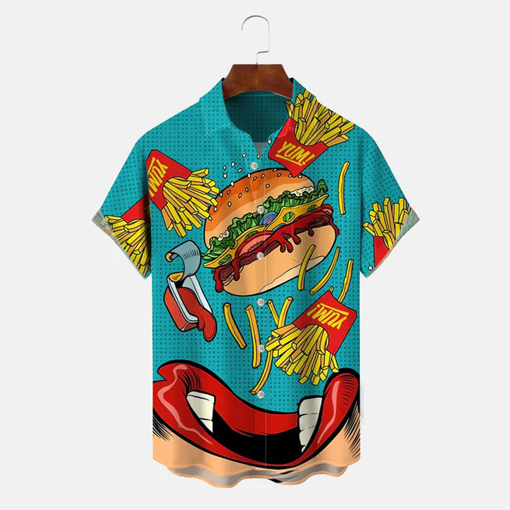 Fries Burger Vintage Button Pocket Casual Short Sleeve Shirt