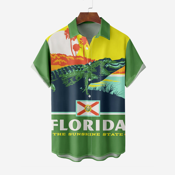 Florida Crocodile Chest Pocket Short Sleeve Casual Shirt