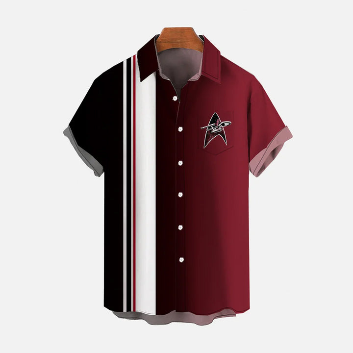 Retro Gradient Striped Spaceship Short-Sleeved Shirt