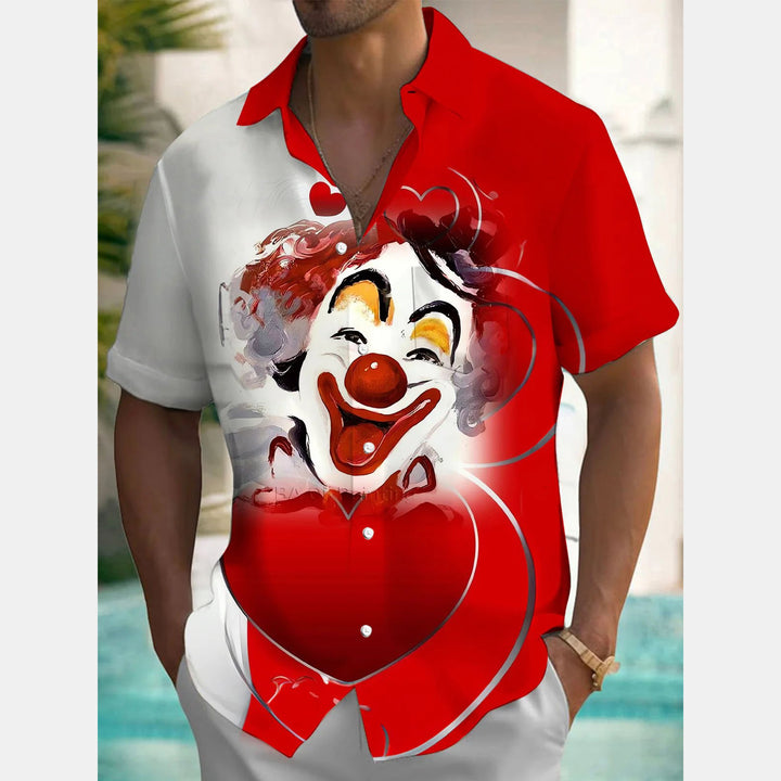 Christmas Clown Print Men's Button Pocket Short Sleeve Shirt