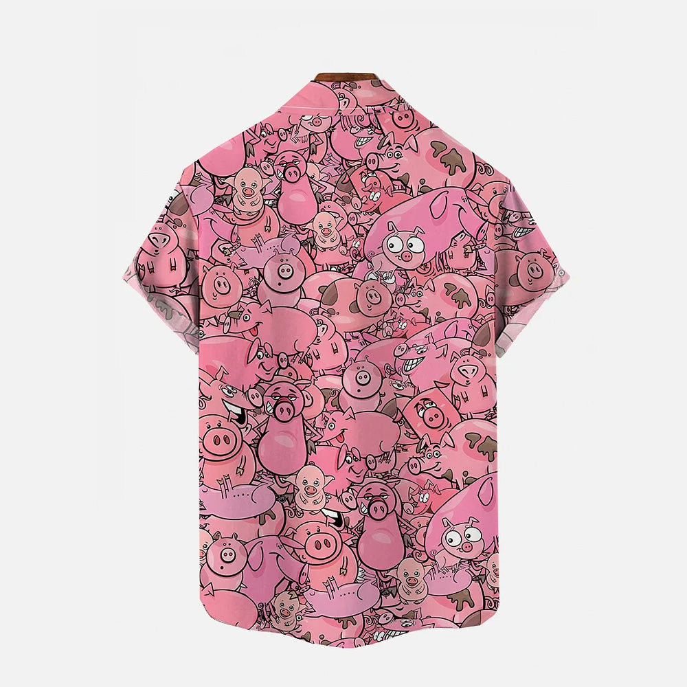 Pink Cartoon Pig Breathable Linen Short Sleeve Shirt