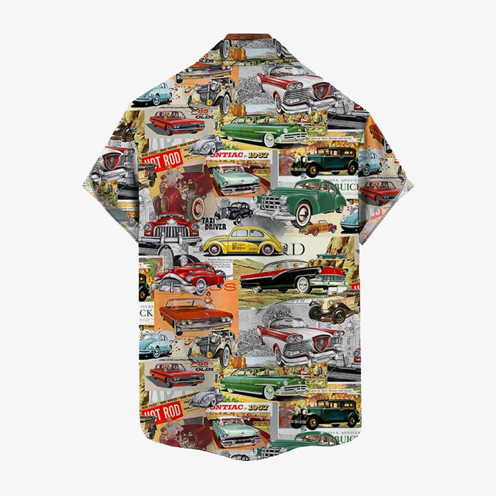 Vintage Classic Car Newspaper Print Bamboo Linen Short Sleeve Shirt