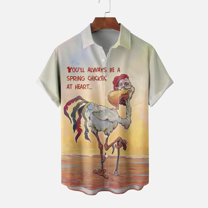 Men's Rooster Cartoon Casual Short Sleeve Shirt