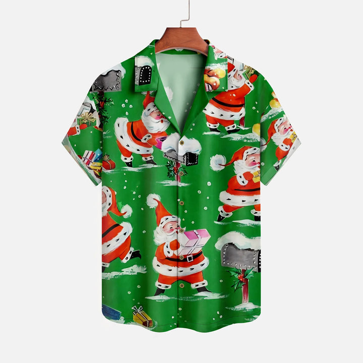 Santa Claus Cartoon Print Green Cuban Collar Shirt