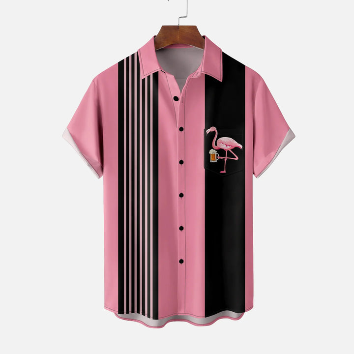 Flamingo Stripe Print Casual Short Sleeve Shirt