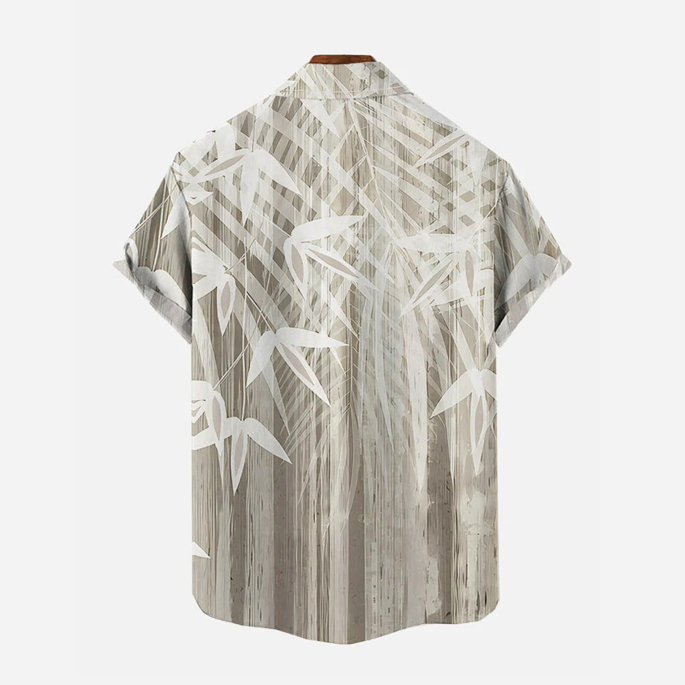 Textured Bamboo Leaf Khaki Casual Large Size Short Sleeve Shirt