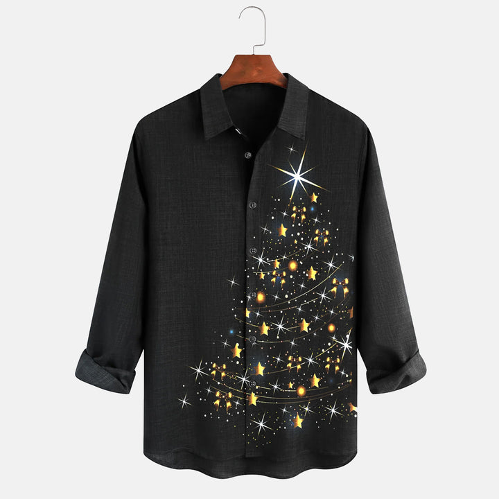 Christmas Black Men's Long Sleeve Shirts Glitter Gold Christmas Tree Stretch Oversized Button Shirts