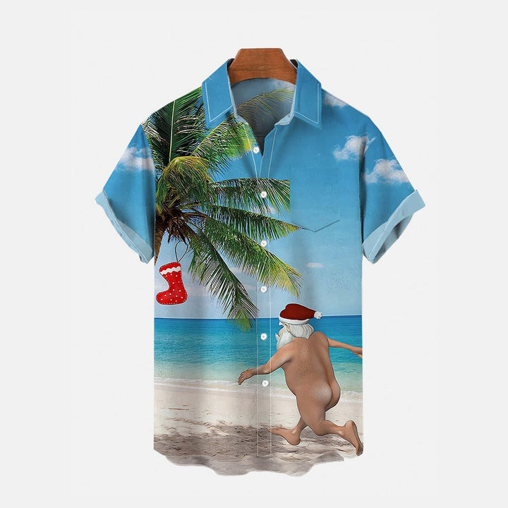 Funny Beach Naughty Santa Claus Printing Breast Pocket Short Sleeve Shirt