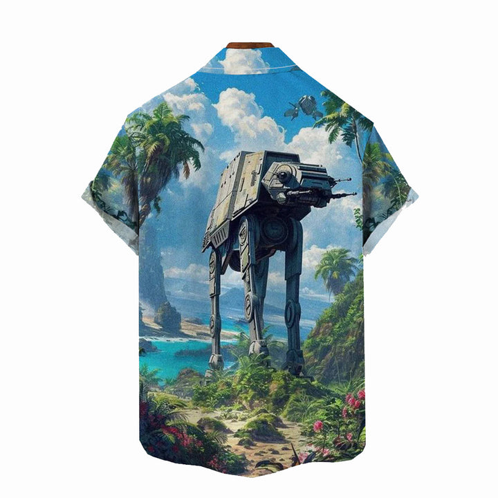 Retro Painting Of Sci-Fi Space Armed Walkers And Wildflowers Printing Shirt