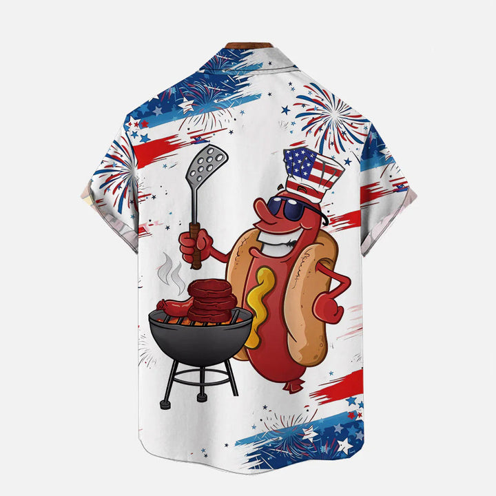 American Flag Cartoon Hot Dog Sausage BBQ Print Short Sleeve Shirt