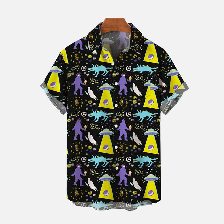 Bigfoot and Alien Print Casual Short Sleeve Shirt