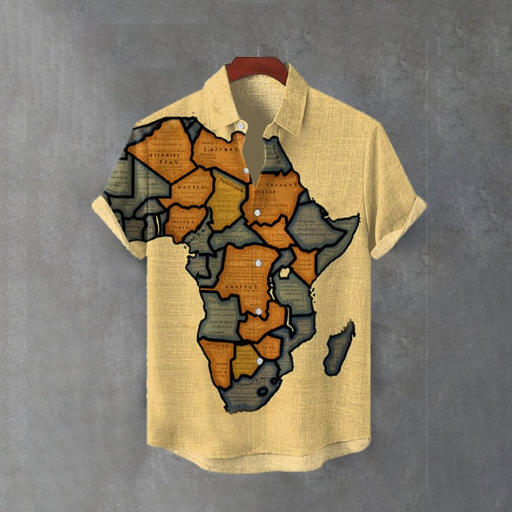 Men's Vintage Woodcut Africa Map Art Linen Blend Shirt 2409007401