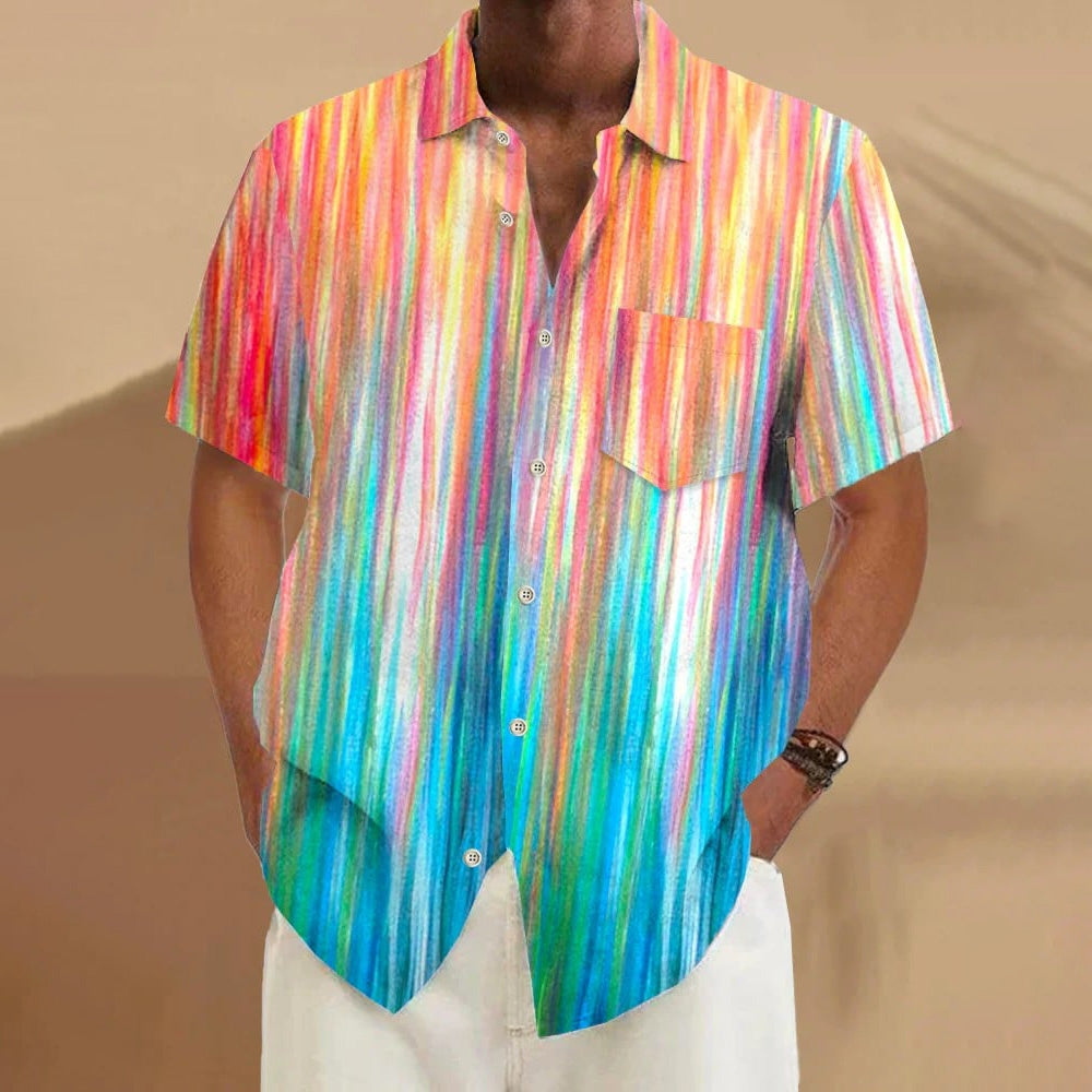 Color Gradient Large Bamboo Linen Short Sleeve Shirt 2406000852