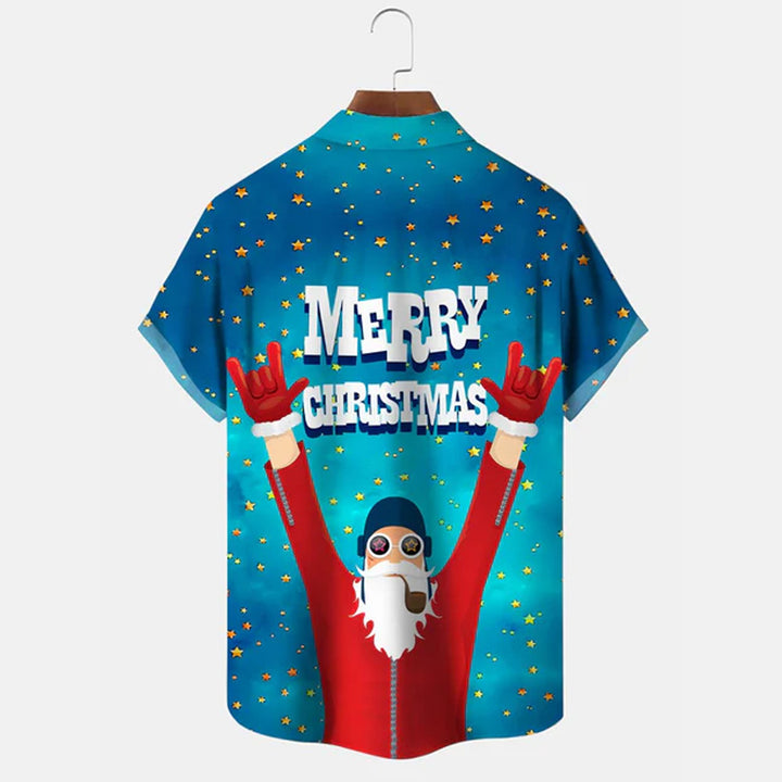 Merry Christmas Button Pocket Casual Short Sleeve Shirt