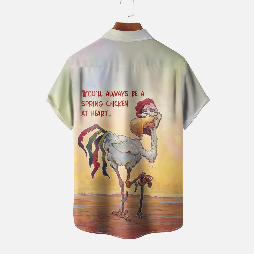 Men's Rooster Cartoon Casual Short Sleeve Shirt