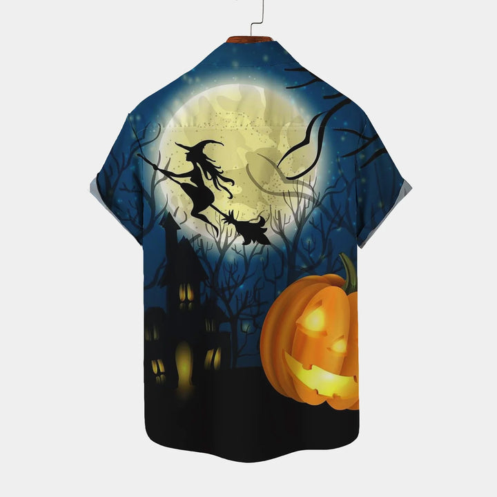 Halloween Witch Pumpkin Print Casual Short Sleeve Shirt