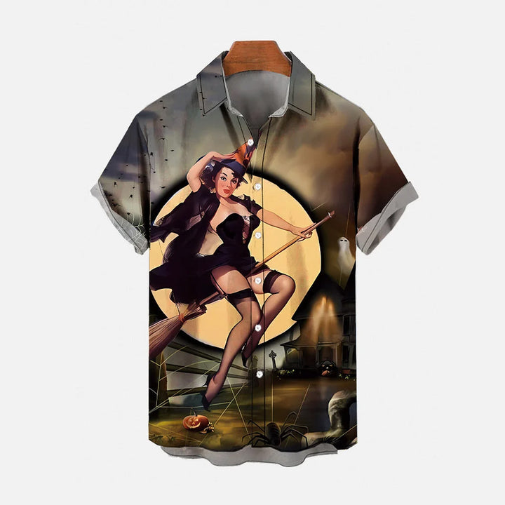 Halloween Broomstick and Witch Casual Short Sleeve Shirt