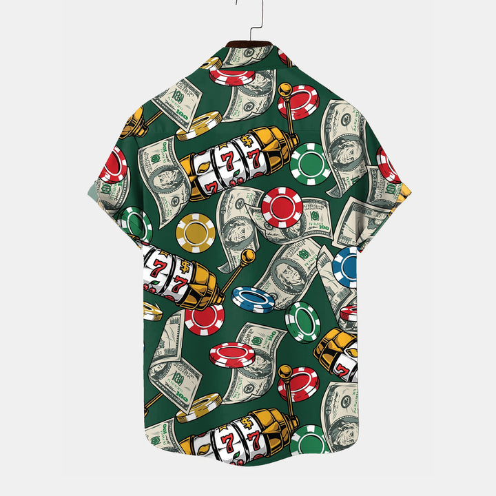 Vintage Gambling Poker Print Chest Pocket Stretch Short Sleeve Shirt