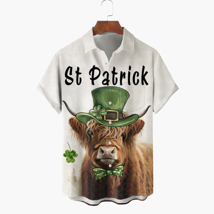 St. Patrick's Day Irish Shamrock Cow Lucky Print  Short Sleeve Shirt