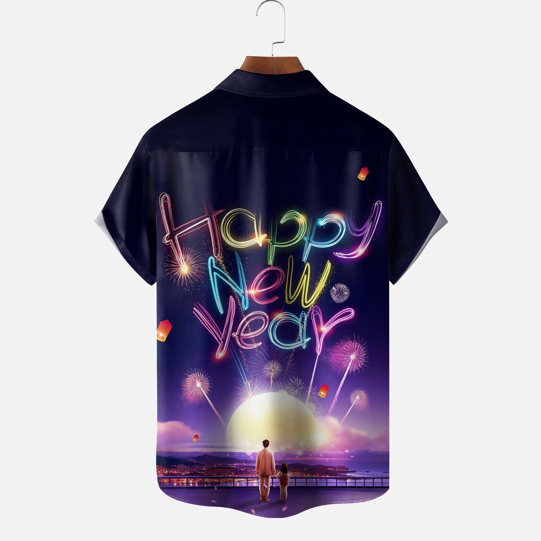 Happy New Year Print Pocket Short Sleeve Shirt