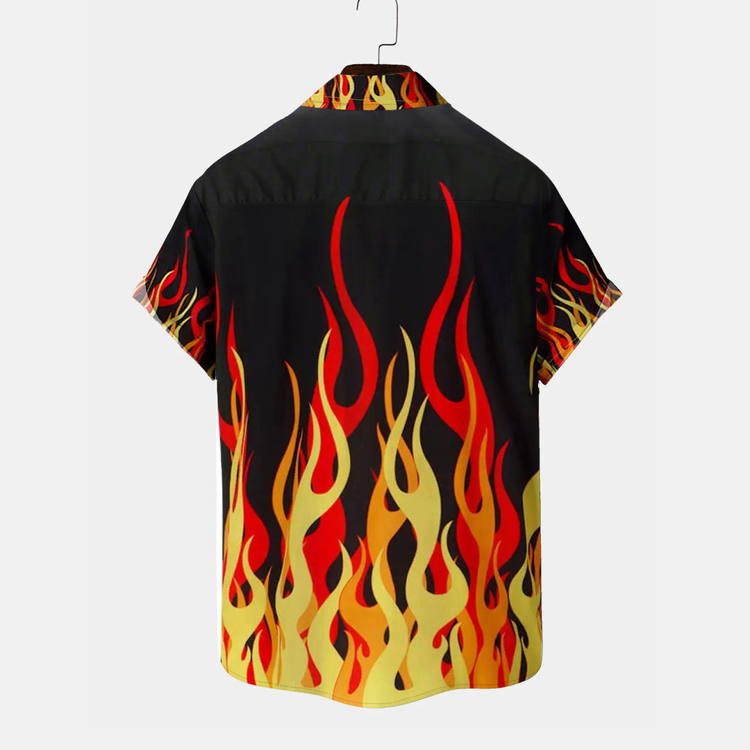 Vintage Cartoon FIERI Flame Button Pocket Short Sleeve Shirt