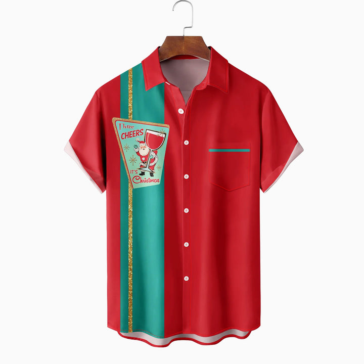 Christmas Santa Cocktail Chest Pocket Bowling Shirt Short-Sleeved Shirt