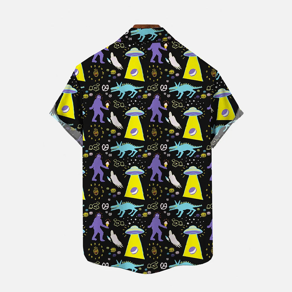 Bigfoot and Alien Print Casual Short Sleeve Shirt