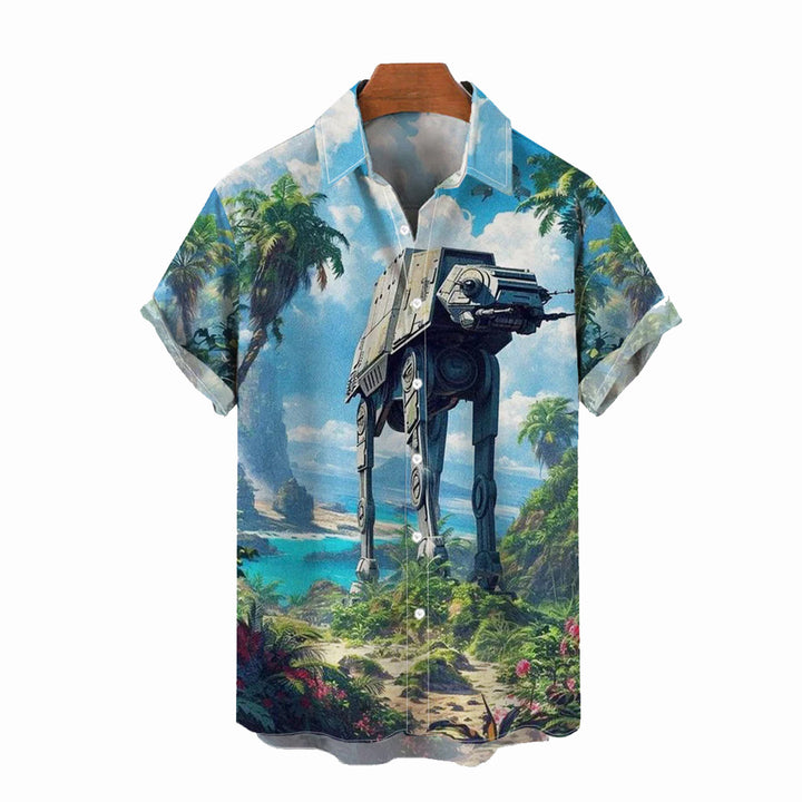 Retro Painting Of Sci-Fi Space Armed Walkers And Wildflowers Printing Shirt