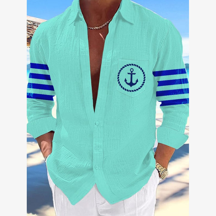 Ocean Anchor Stripe Print Long-Sleeved Shirt