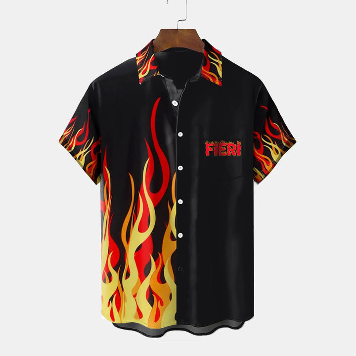 Vintage Cartoon FIERI Flame Button Pocket Short Sleeve Shirt