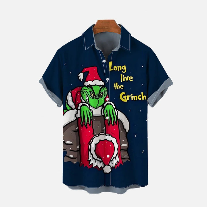 Christmas Green Hairy Monster And Santa Claus Printing Short Sleeve Shirt