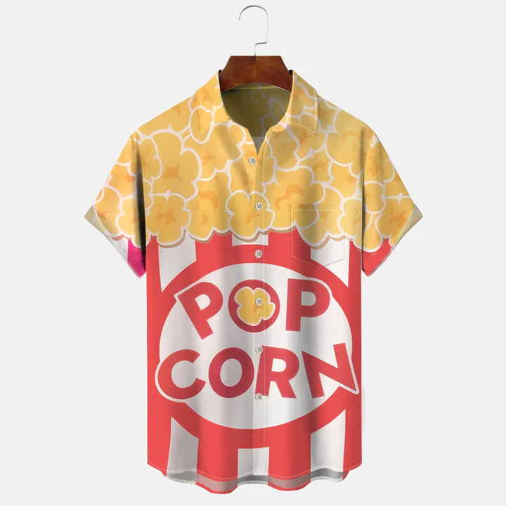 Popcorn Christmas Button Pocket Casual Short Sleeve Shirt