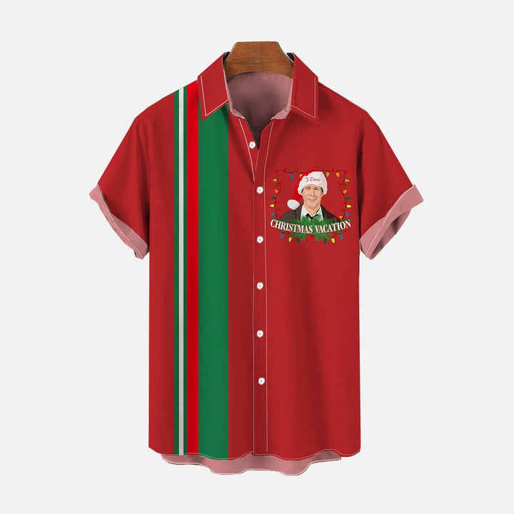 Christmas Vacation Retro Striped Printing Short Sleeve Shirt