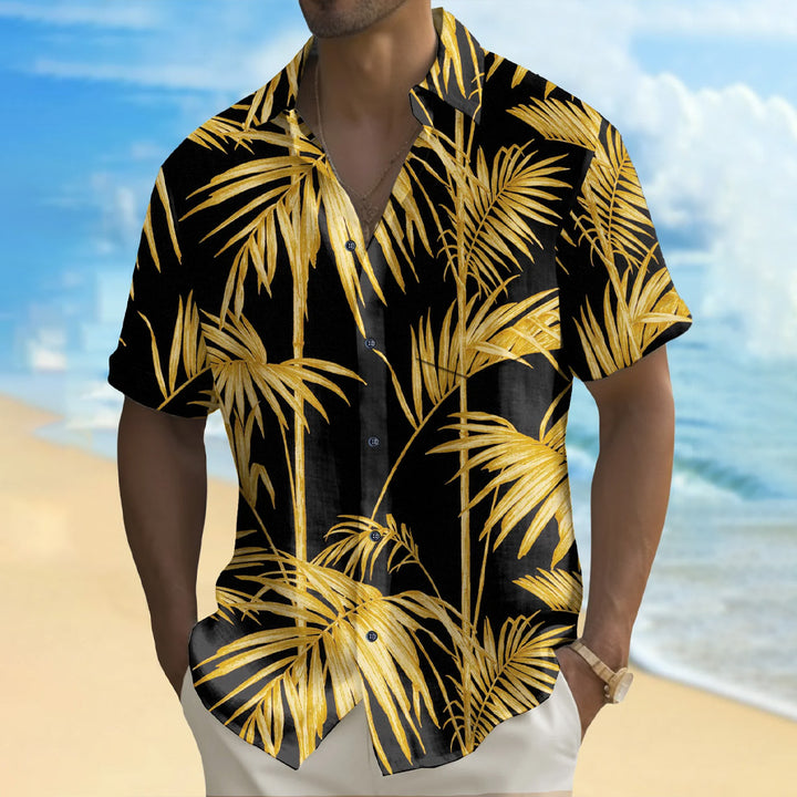 Gold Bamboo Leaf Print Bamboo Linen Short Sleeve Shirt