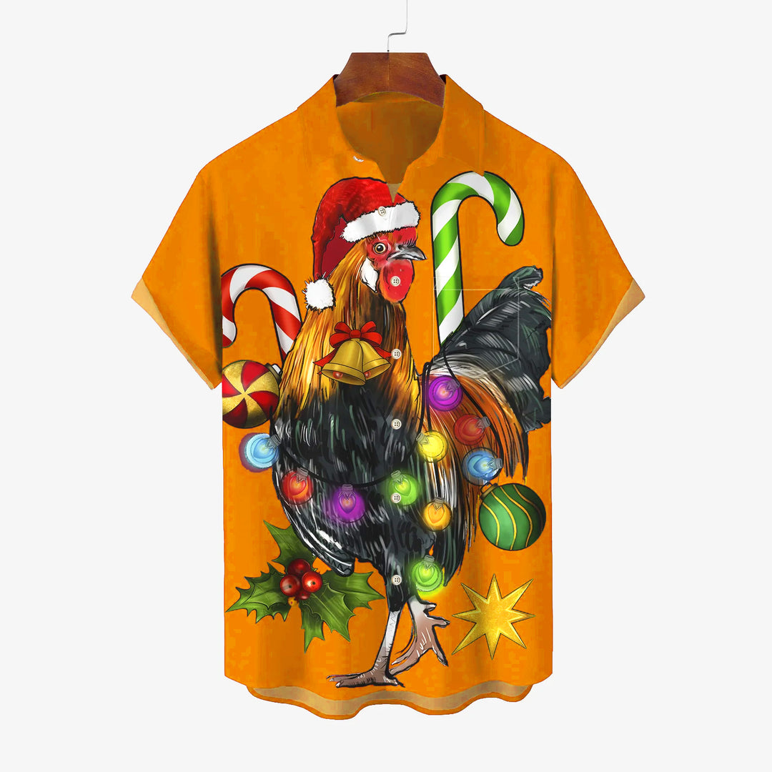 Christmas Rooster Colorful Lights Casual Short Sleeve Shirt