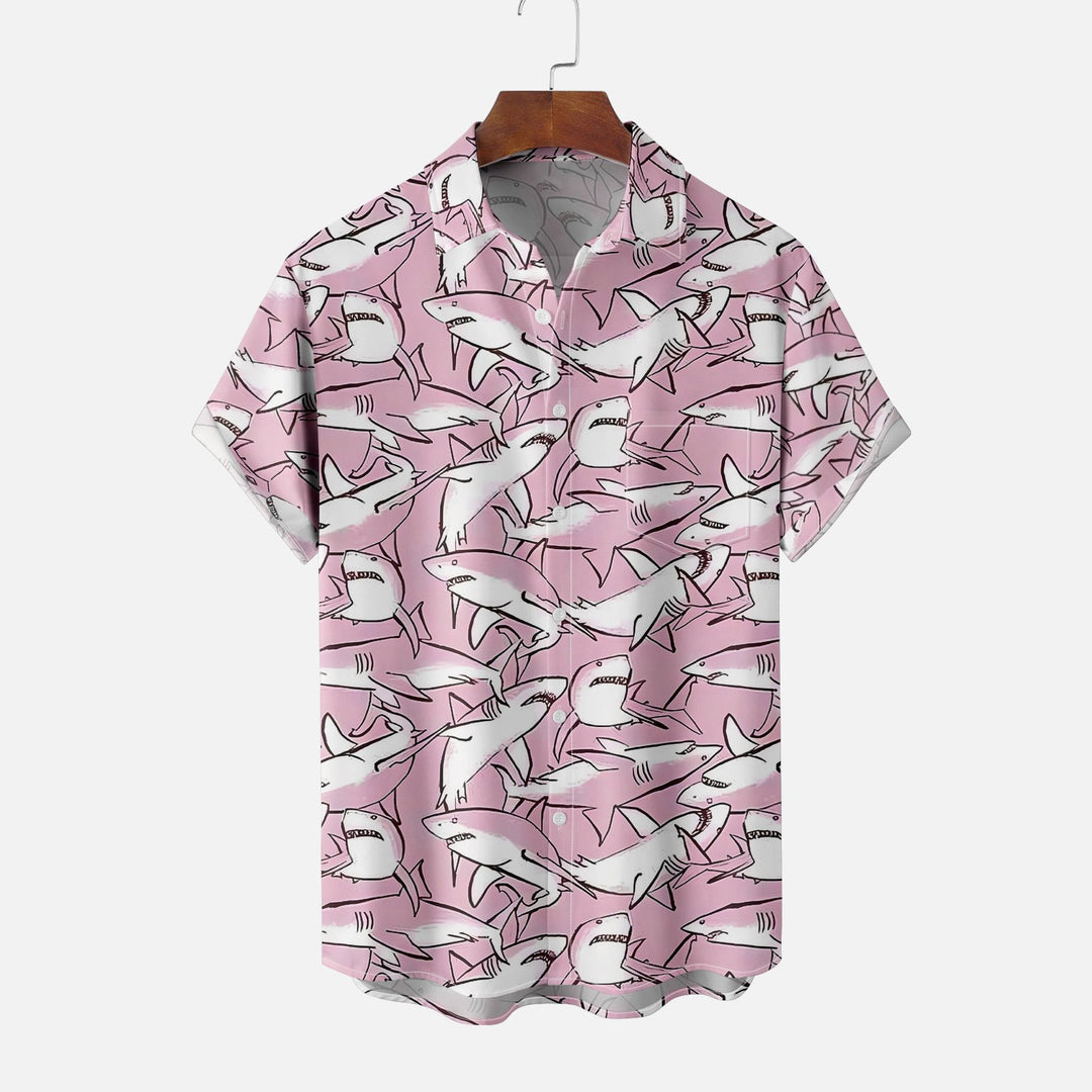 Sea Life Shark Chest Pocket Casual Short Sleeve Shirt