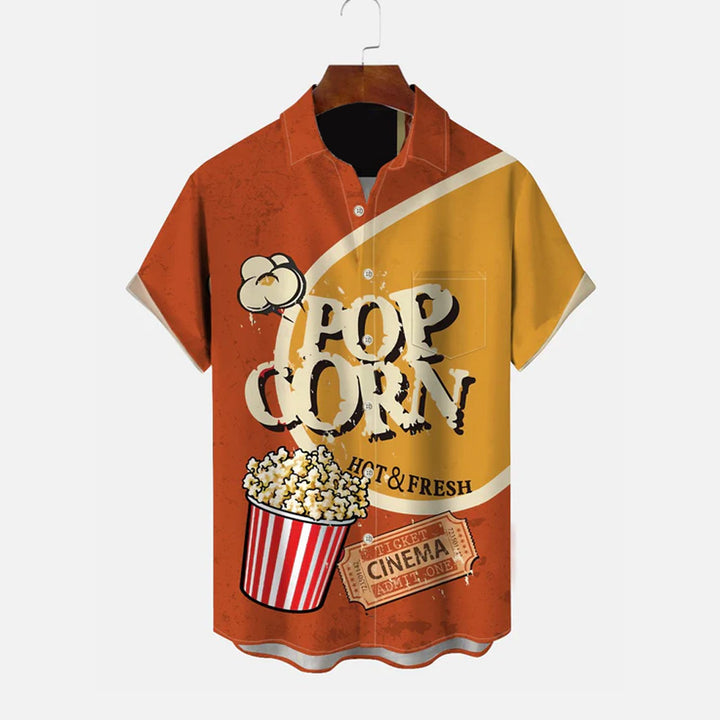 Retro Popcorn Old Movie Button Pocket Casual Short Sleeve Shirt