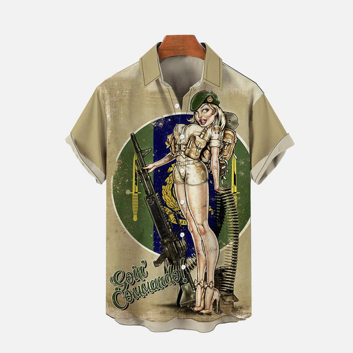 Vintage Pin-Up Girl and Gun Barrel Linen Short Sleeve Shirt